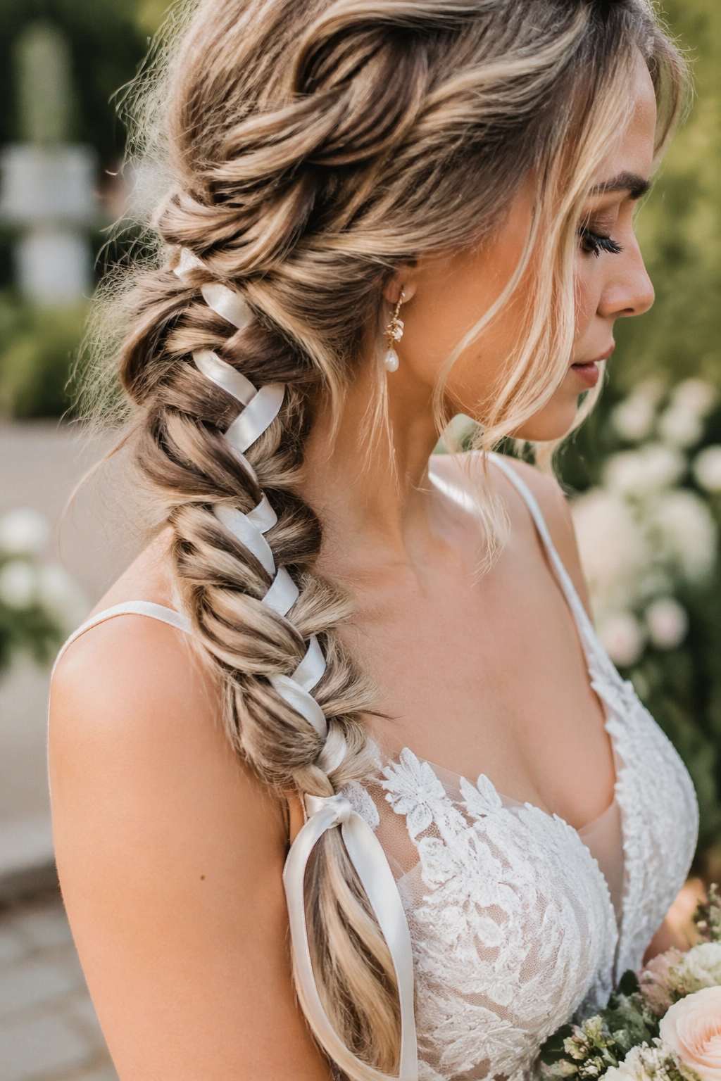 Close-up of a real bride with a tousled fishtail braid woven with ribbon in a garden setting