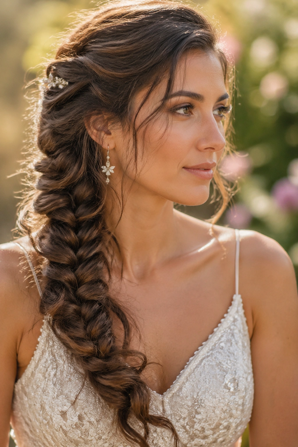 Close-up portrait of a real bride with a side-swept fishtail over one shoulder in a garden