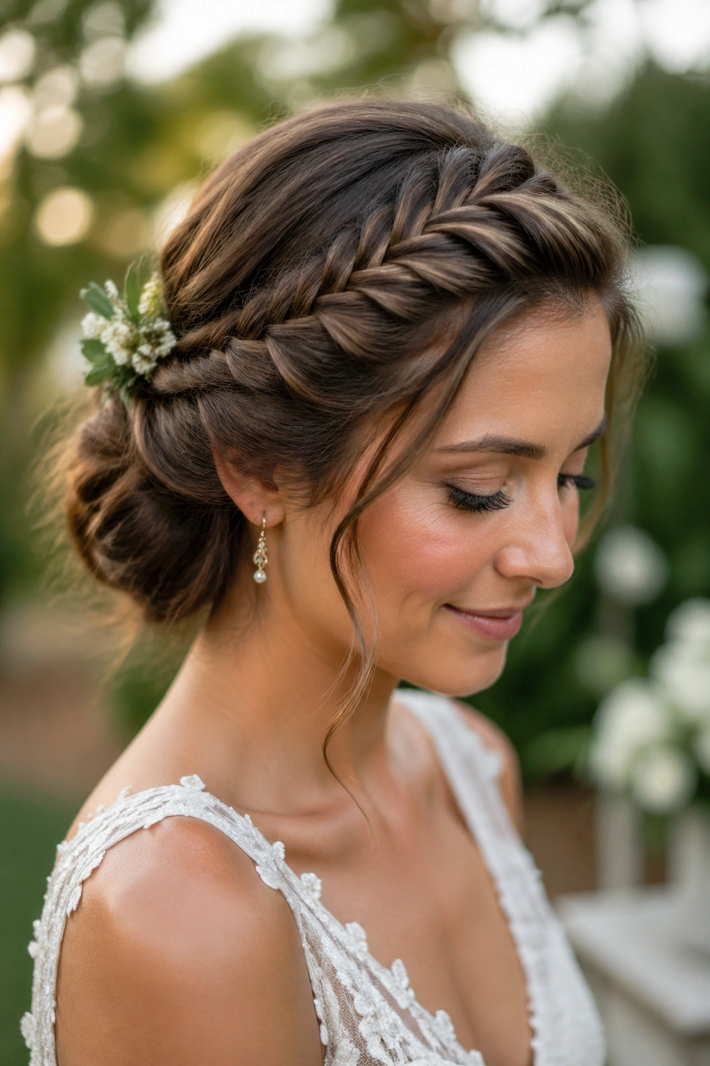 Bride with fishtail braid and side twists for short hair in garden setting