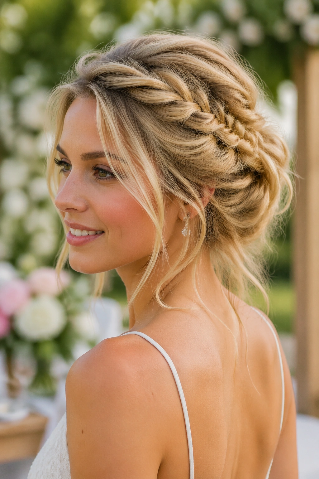 Portrait of a bride with a tousled fishtail updo on fine hair in garden setting.