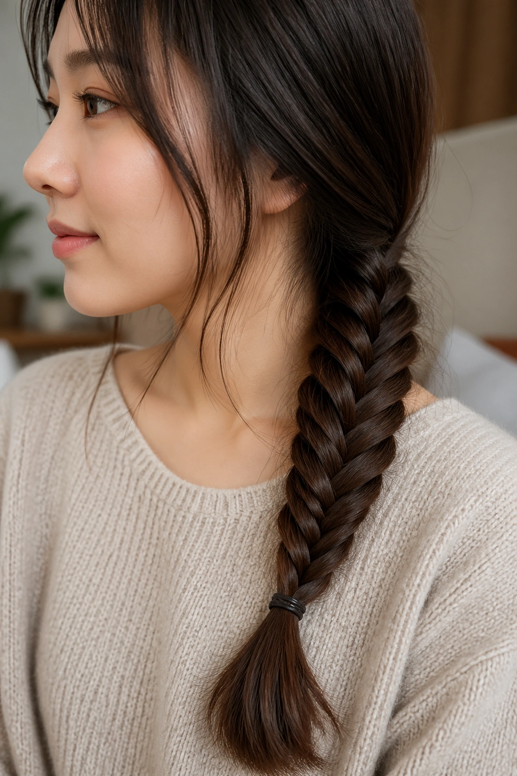 Real woman with a fishtail braid in a softly lit room.