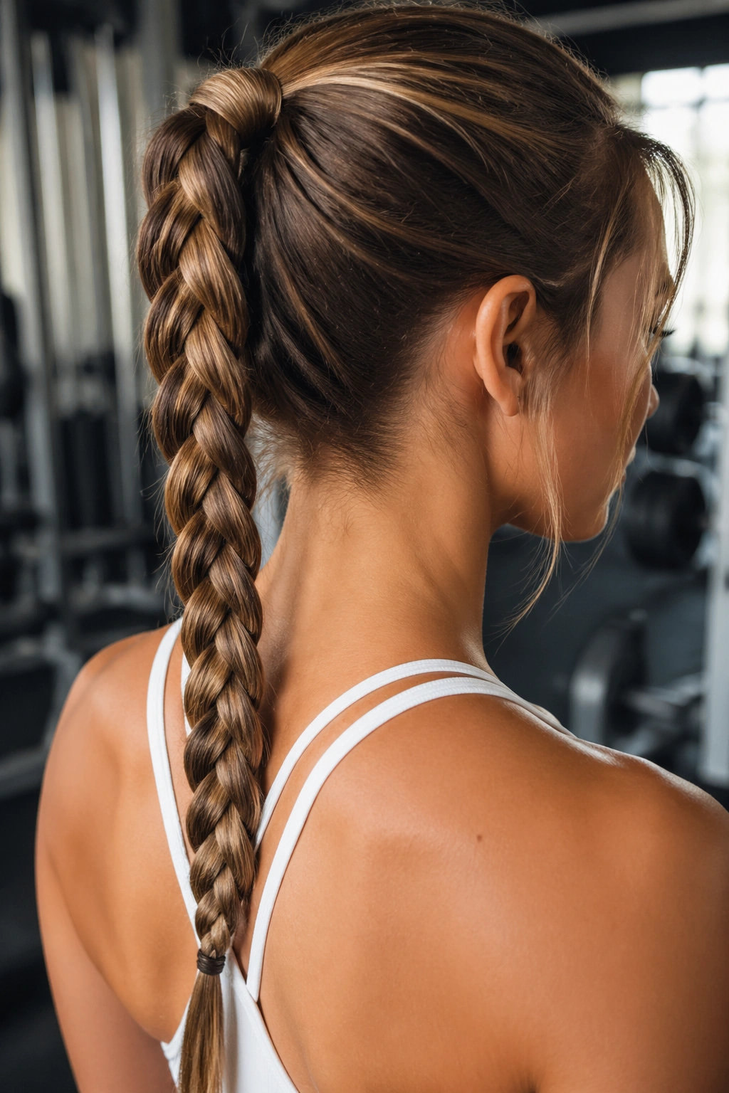 Close-up of five-strand braid ponytail on a real woman during training