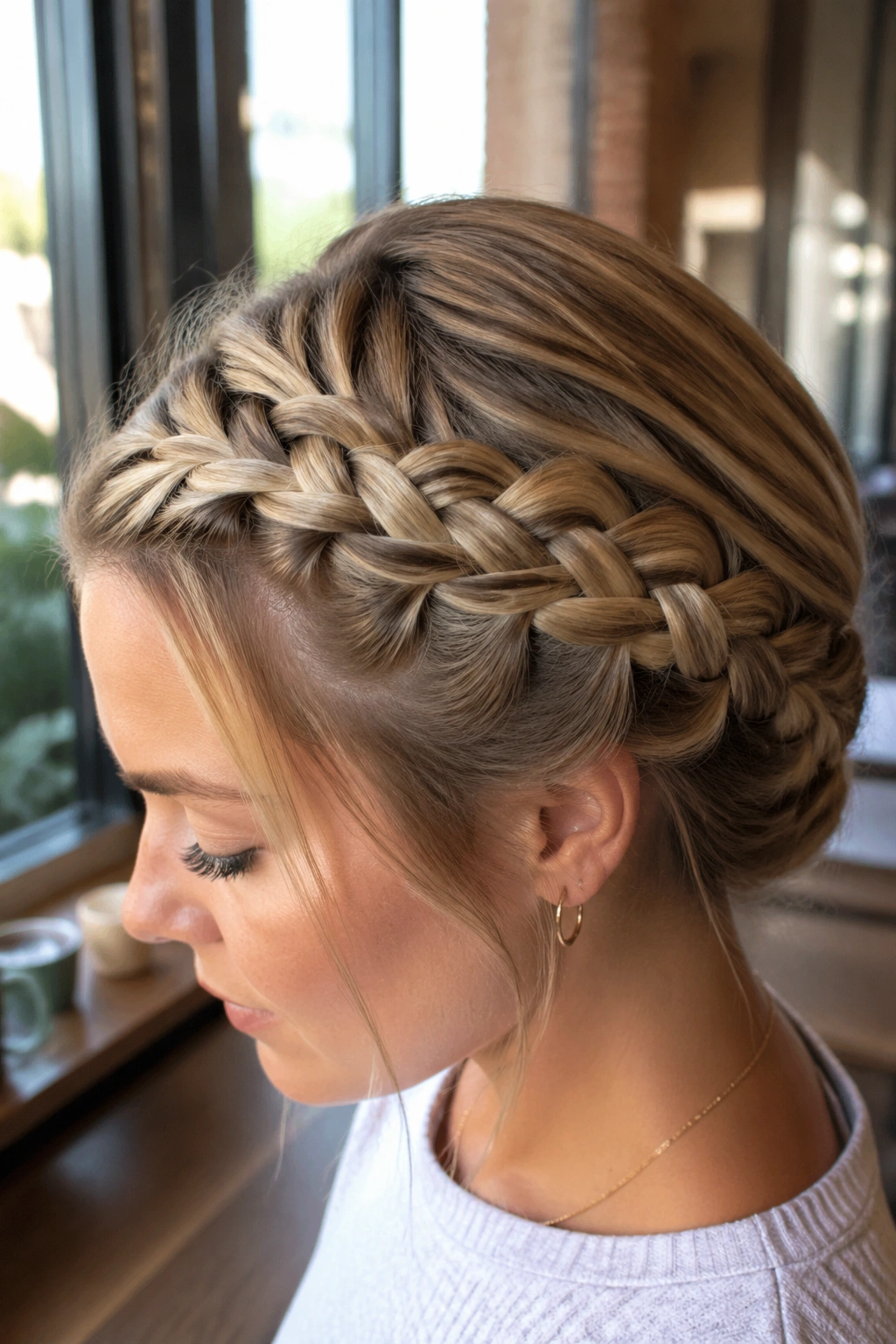 Close-up of a person wearing a five-strand braid along the head.