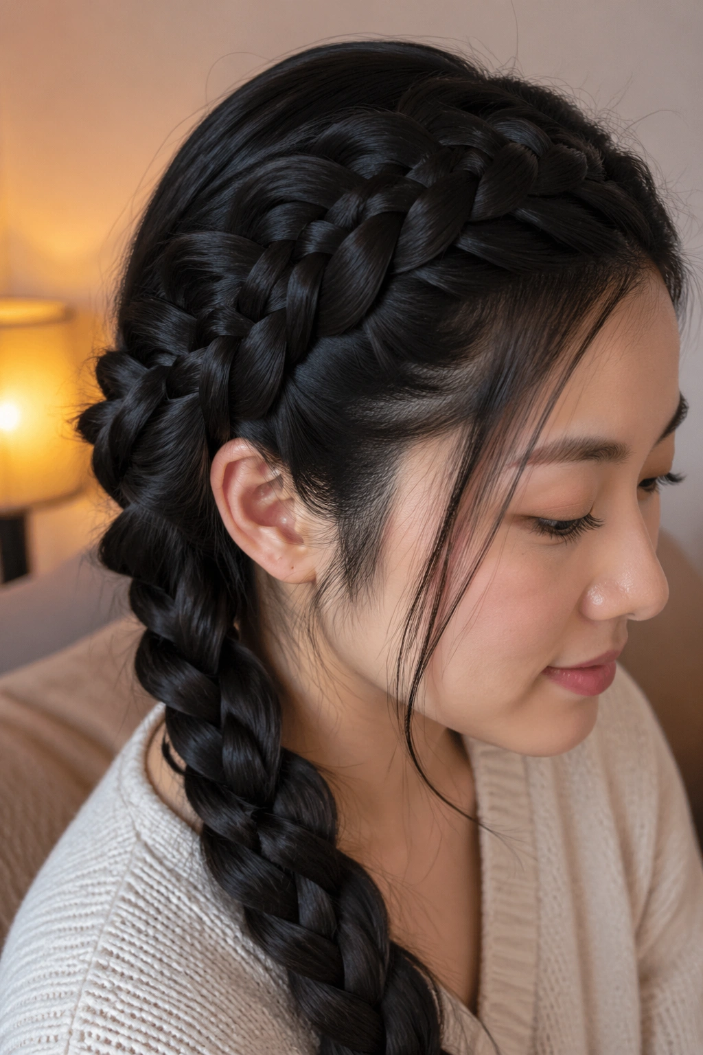 Close-up of a real woman with a Five-Strand Braid on the crown