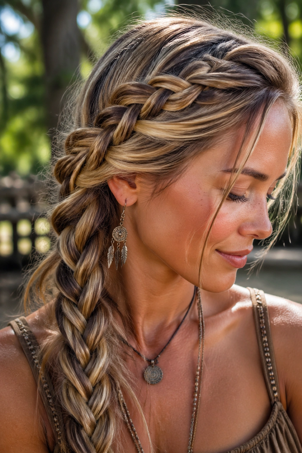 Close-up of five-strand side braid on a real woman outdoors