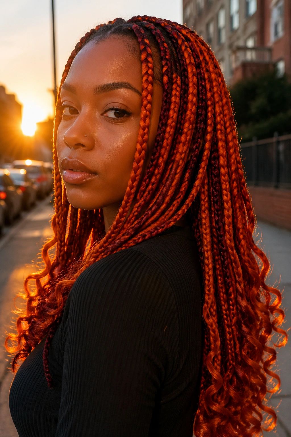 Close-up of a real person with flame-orange braids and red lowlights at sunset