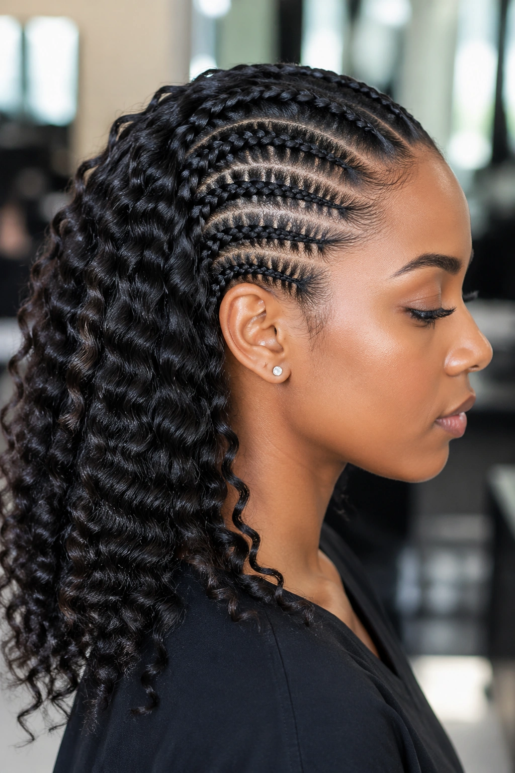 Close-up of a real woman with flat cornrows and ripple waves at the roots
