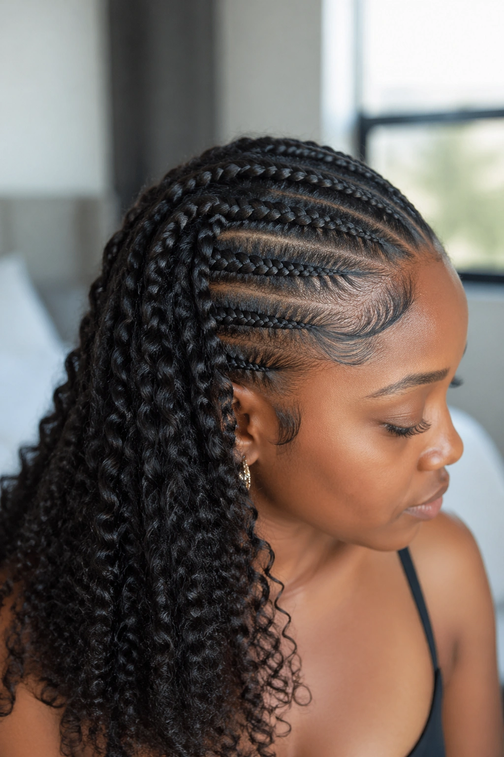 Close-up of real woman's flat French braid-out showing sleek roots.