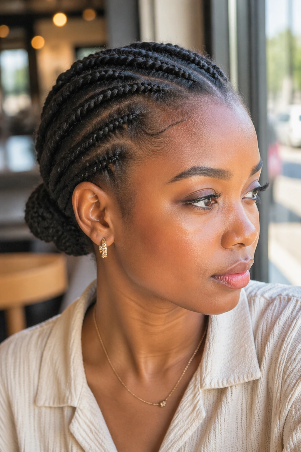 Close-up portrait of a real woman with flat twists forming a neat low bun at the nape