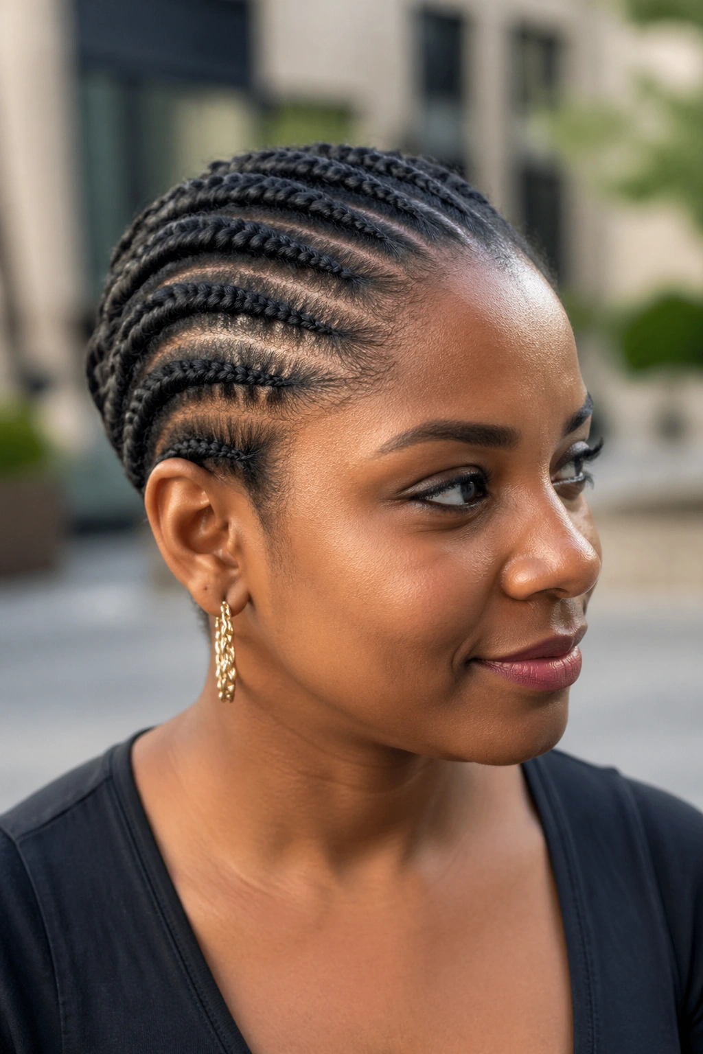 Real person with flat twists close to the scalp in an urban courtyard
