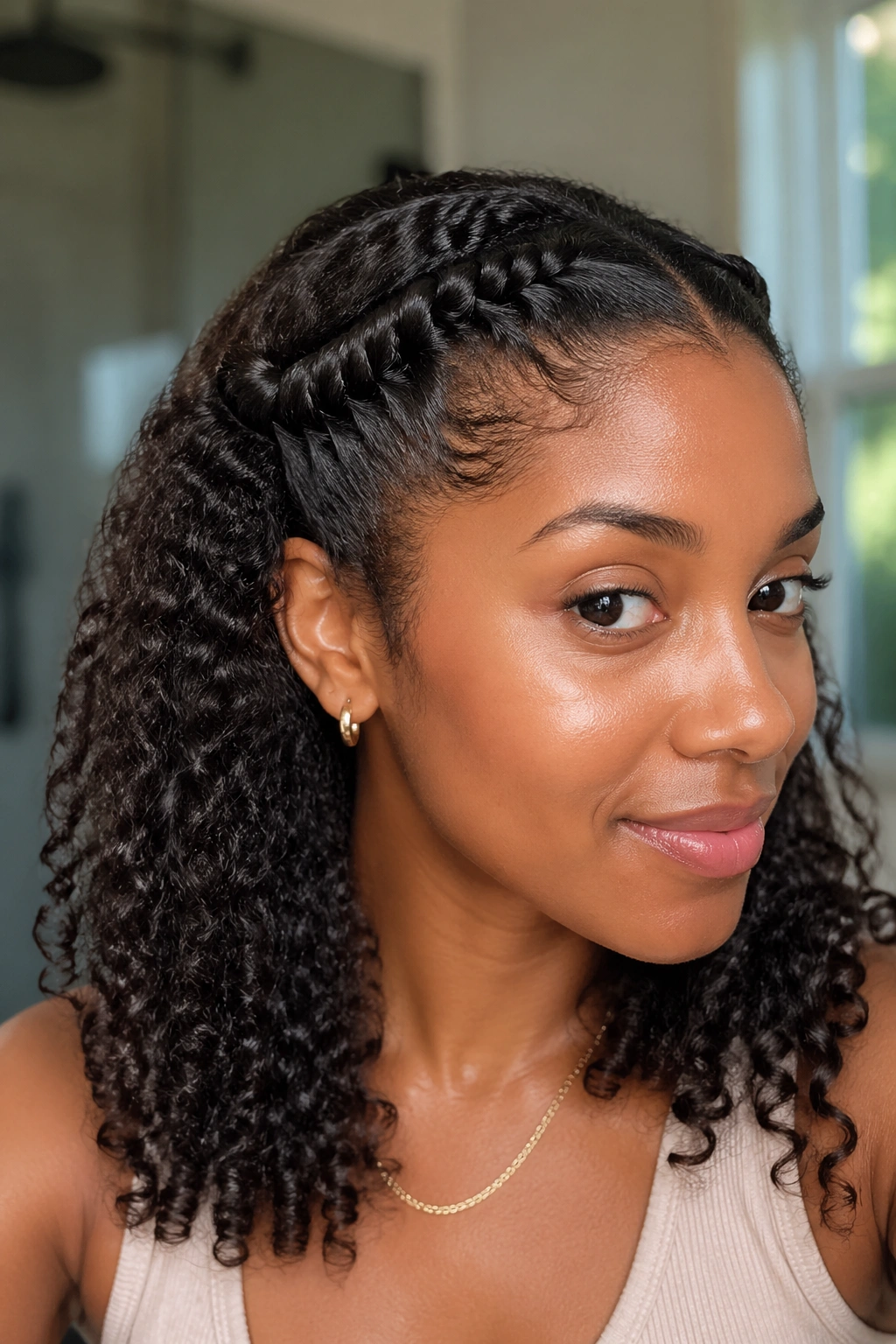 Close-up of a real person with flat twists at the hairline