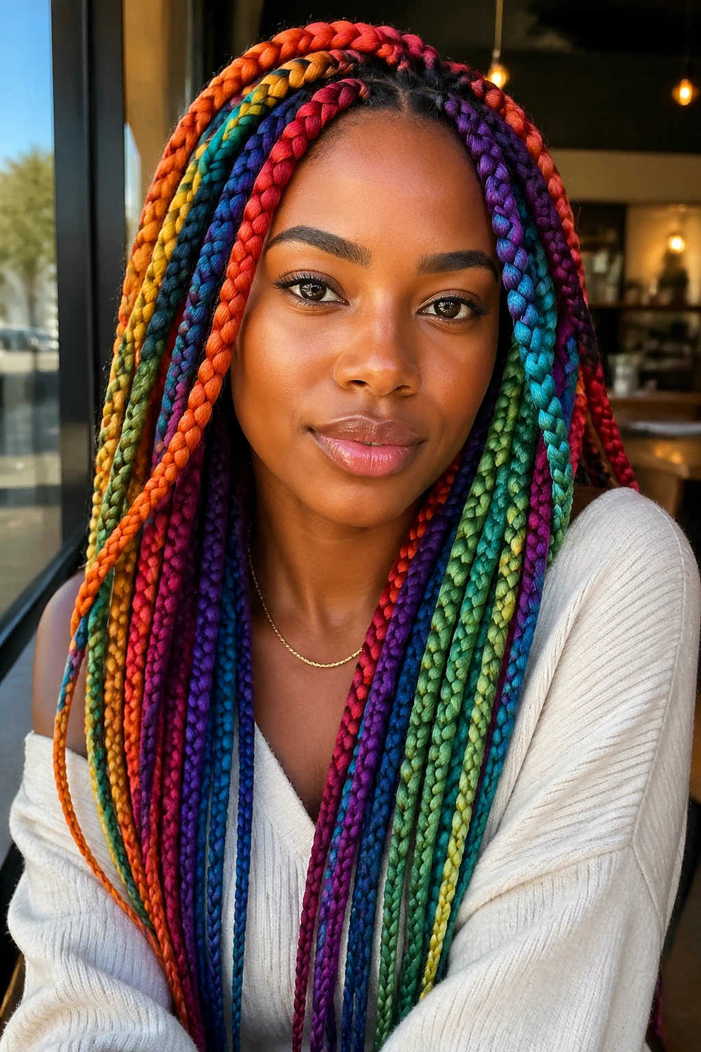 Portrait of person with rainbow jumbo box braids in natural light