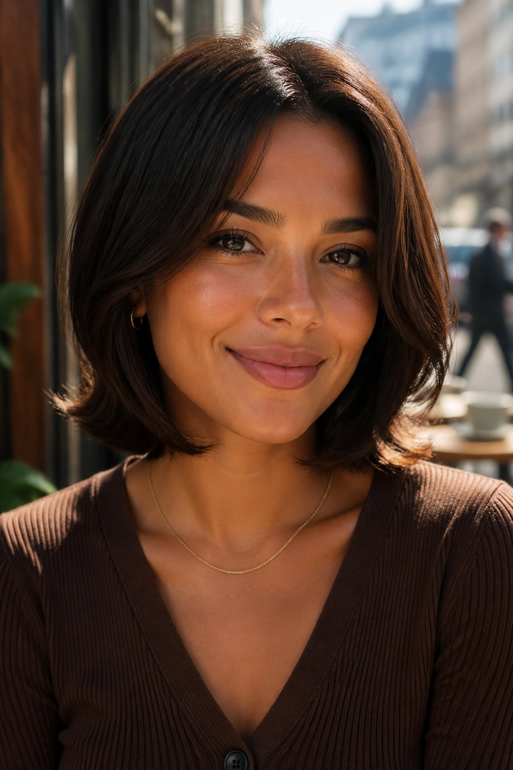 Close-up of a woman with a medium chocolate flip bob in cafe light