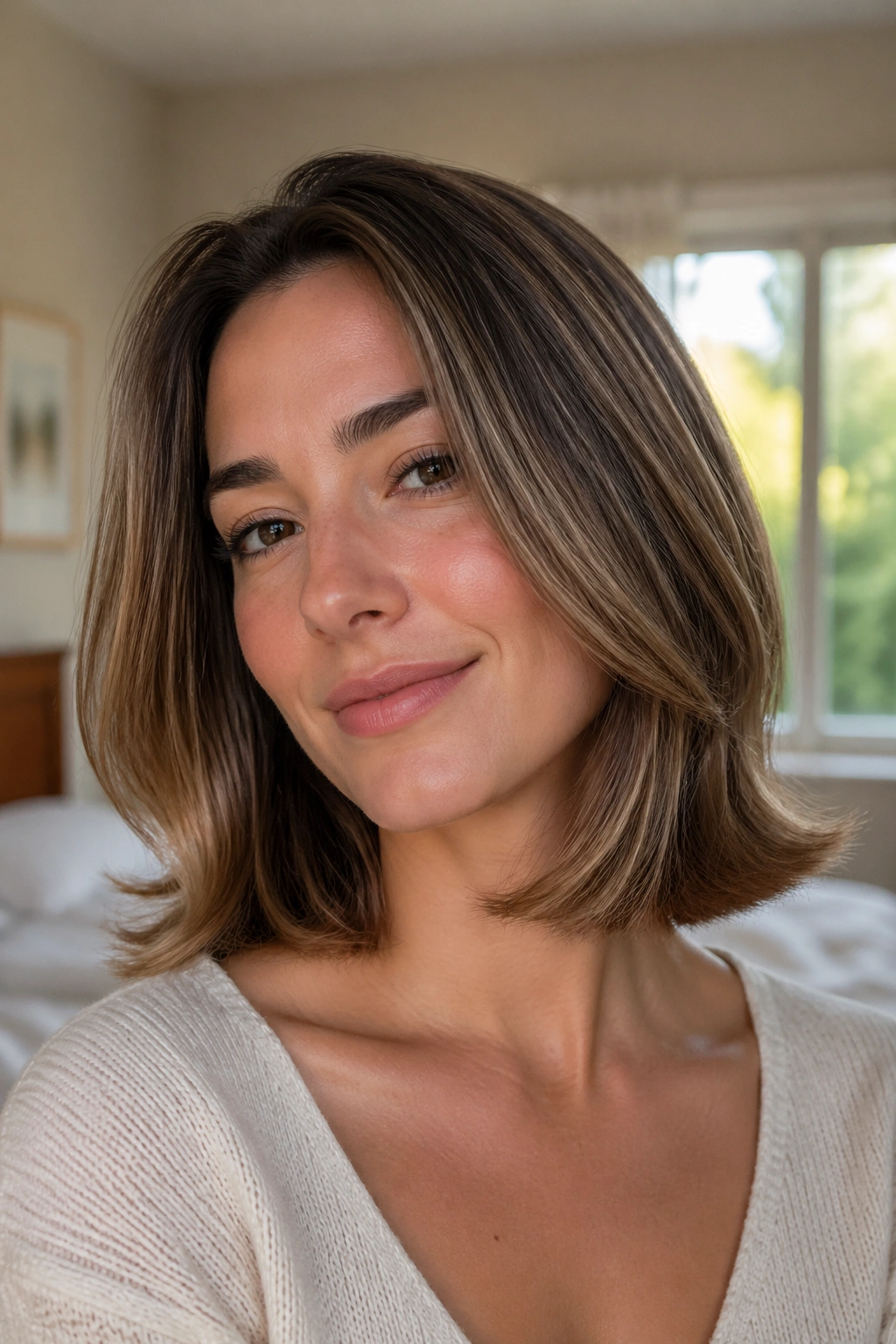 Close-up portrait of a real woman with a flipped-end lob hairstyle at collarbone length, crisp flipped ends in natural window light