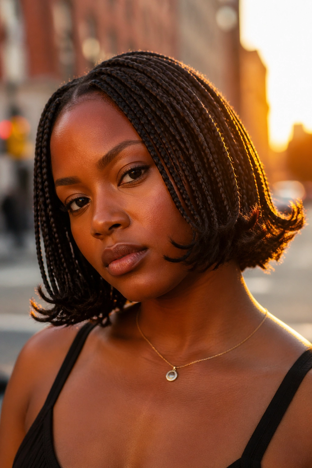 Close-up of a real Black woman with a jaw-length bob and flipped-out ends