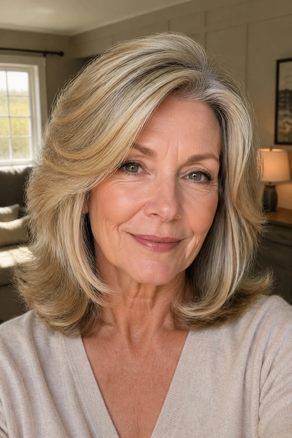 Close-up of real woman with flipped-out blowout and voluminous crown