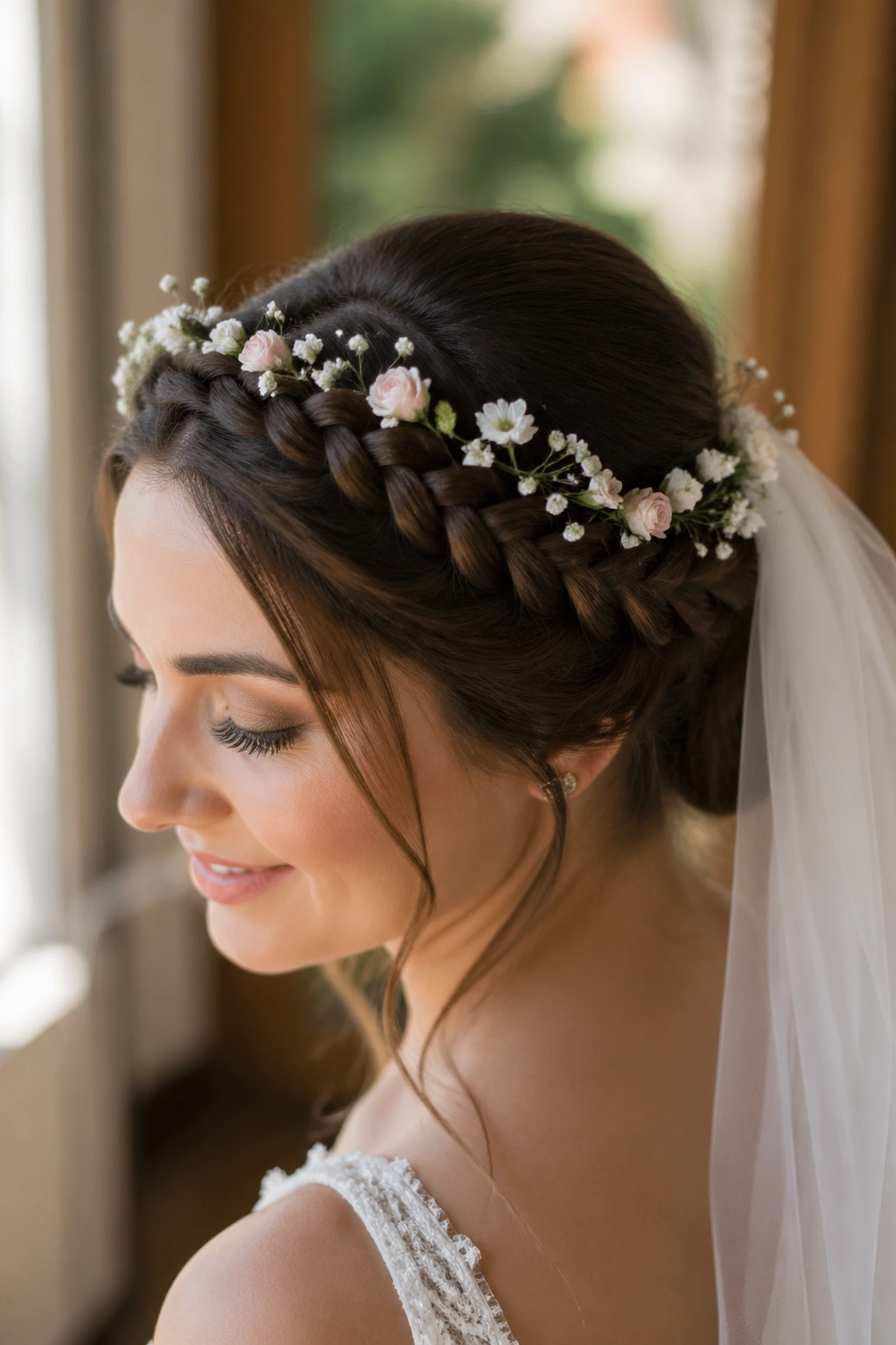 Close-up bride head with floral halo braid and veil