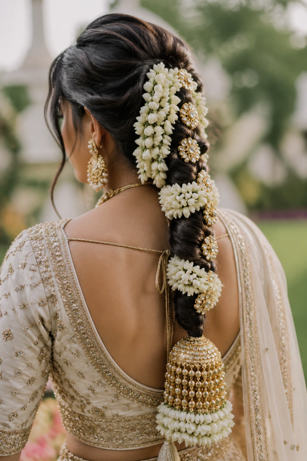 Back view of real bride with floral parandi braid