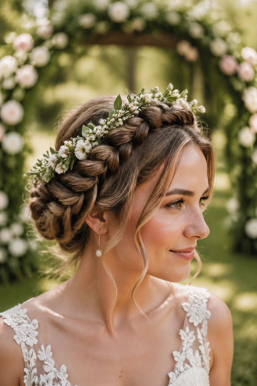 Close-up of a real bride wearing a floral vine bubble crown in a garden setting