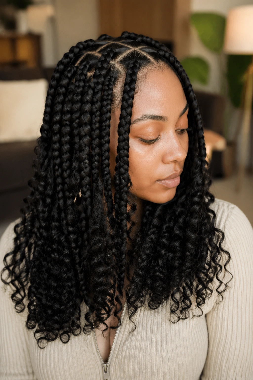Close-up of a real woman with jumbo braids featuring soft fluffy ends.