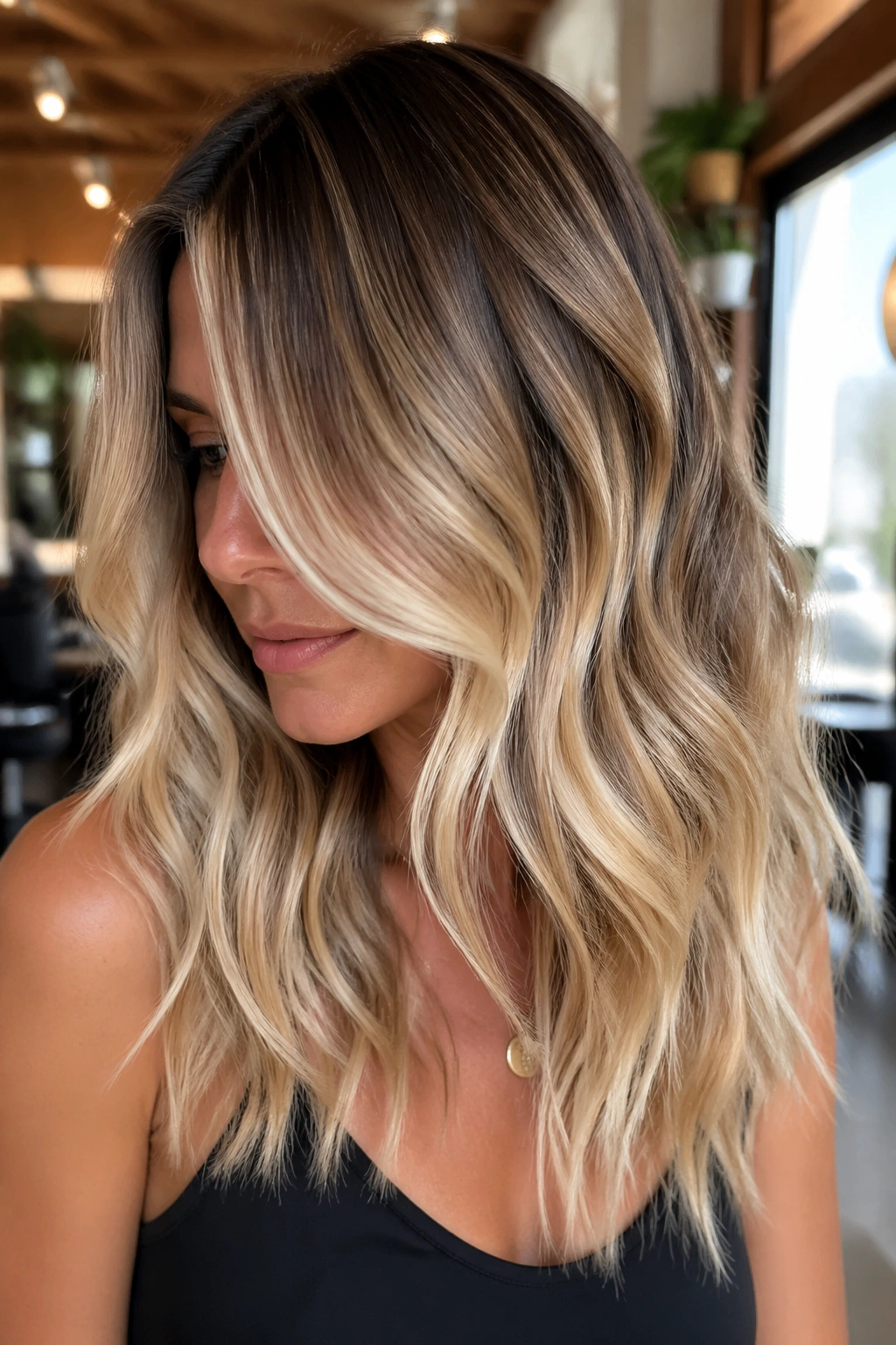 Medium close-up of foilyage blonde glow on a real person with soft end lift