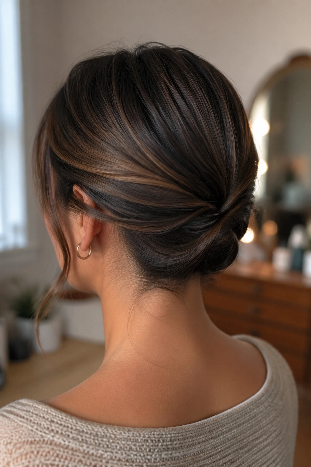Rear three-quarter view of a woman with folded tuck updo at nape