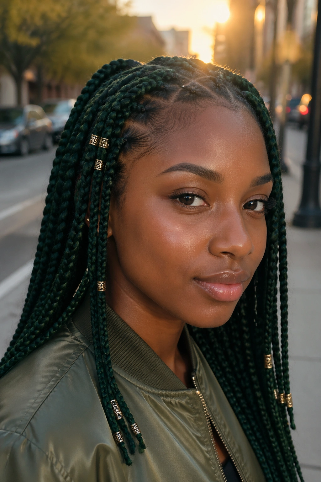 Forest green braids with gold accent beads on a real person