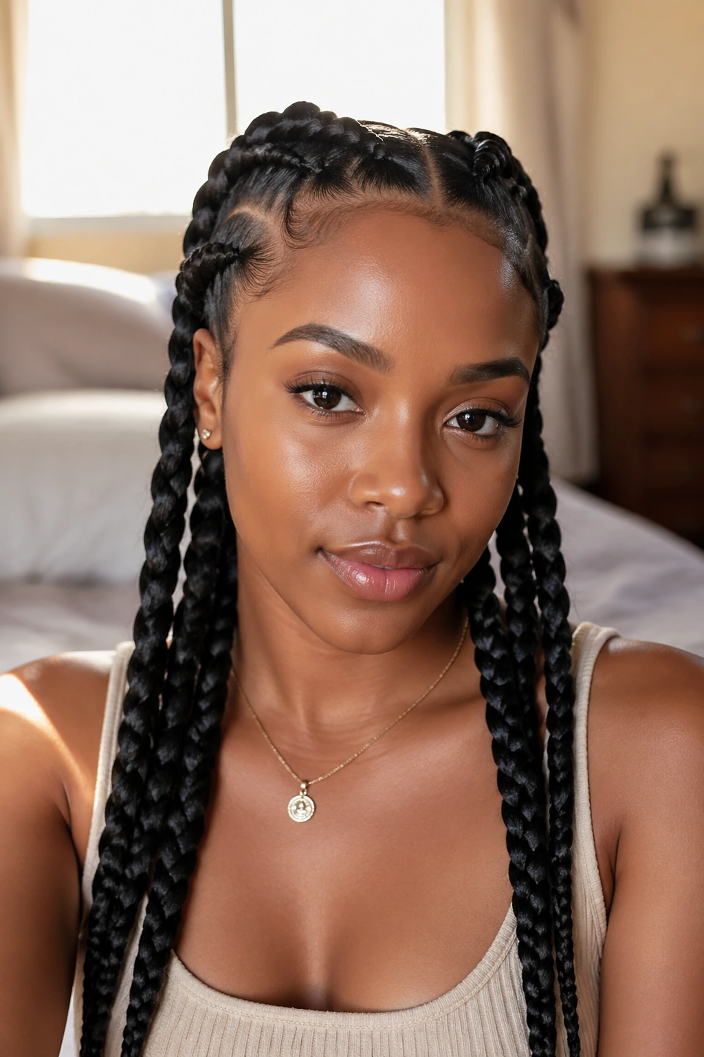 Close-up of a real woman with four evenly parted Dutch rope braids across the crown