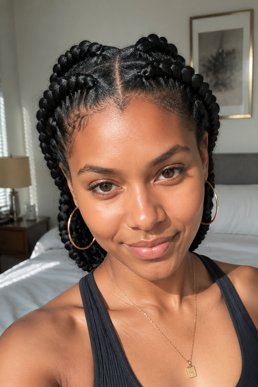 Close-up portrait of a real person with four braids creating a balanced shape.