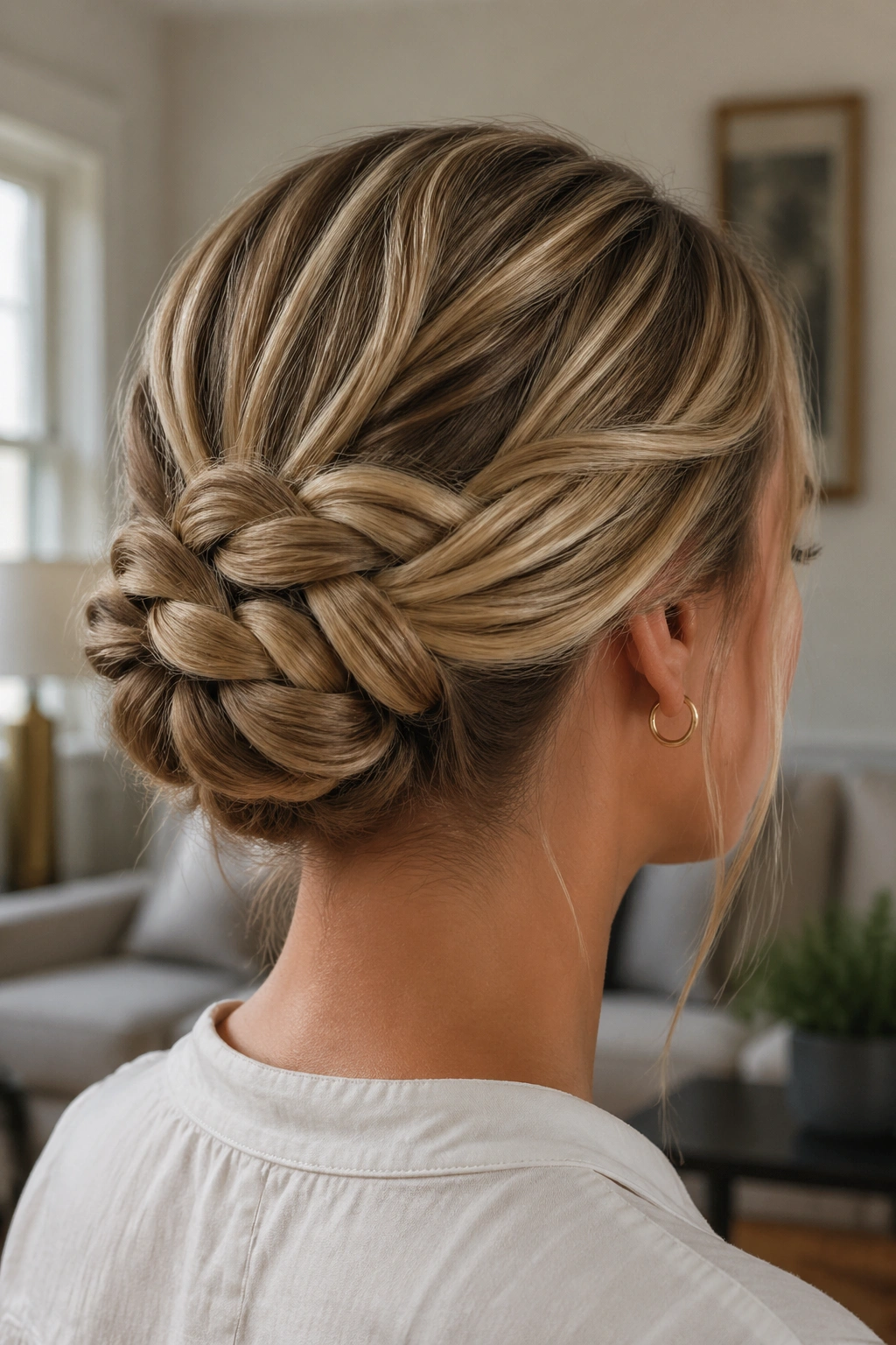 Close-up of a real woman's four-strand foldover bun hairstyle