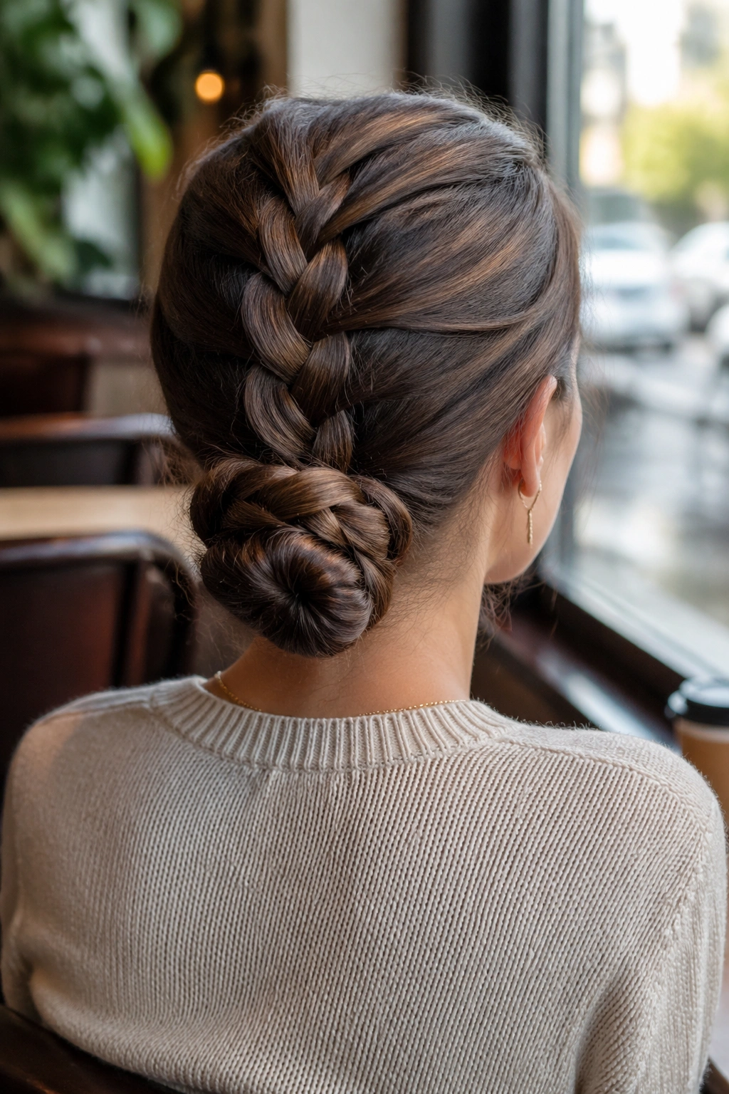 Back view of woman with four-strand braid forming bun at nape