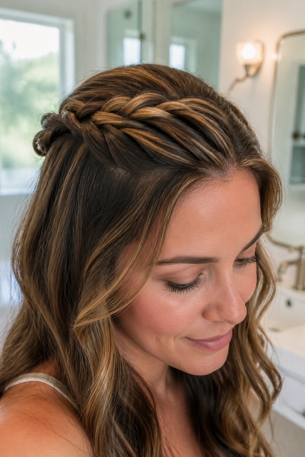 Close-up of a real woman's head showing a four-strand crown braid in a half-up style