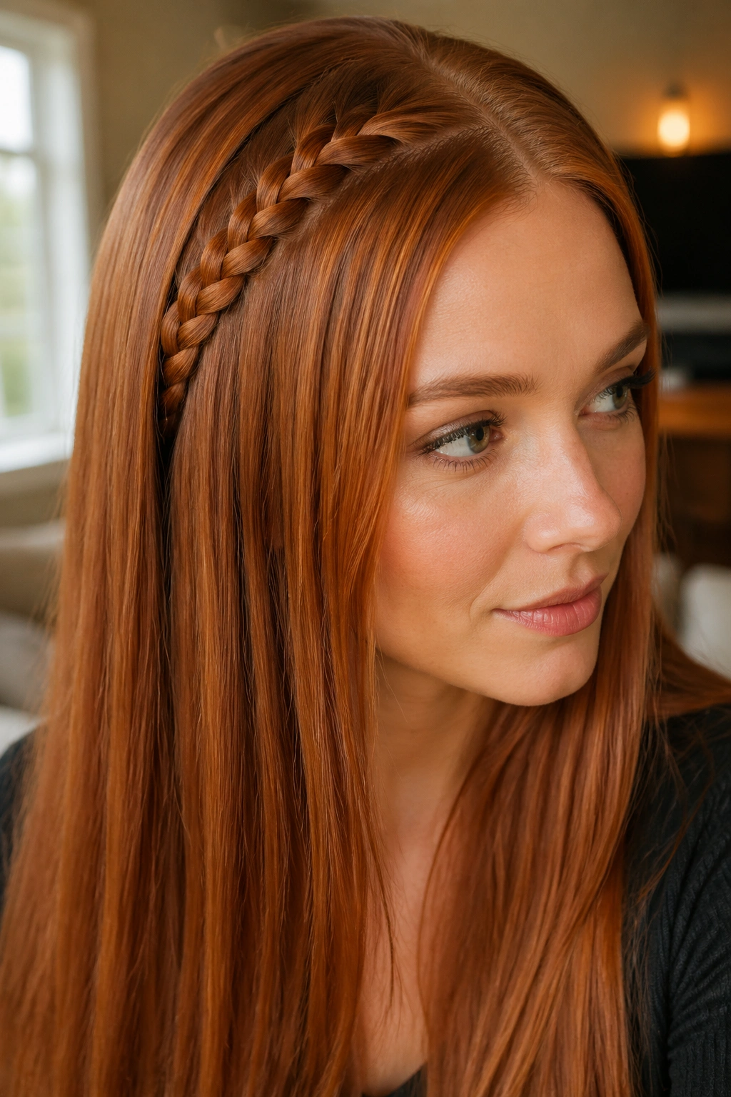 Real woman with four-strand ginger accent braid at the front in warm light