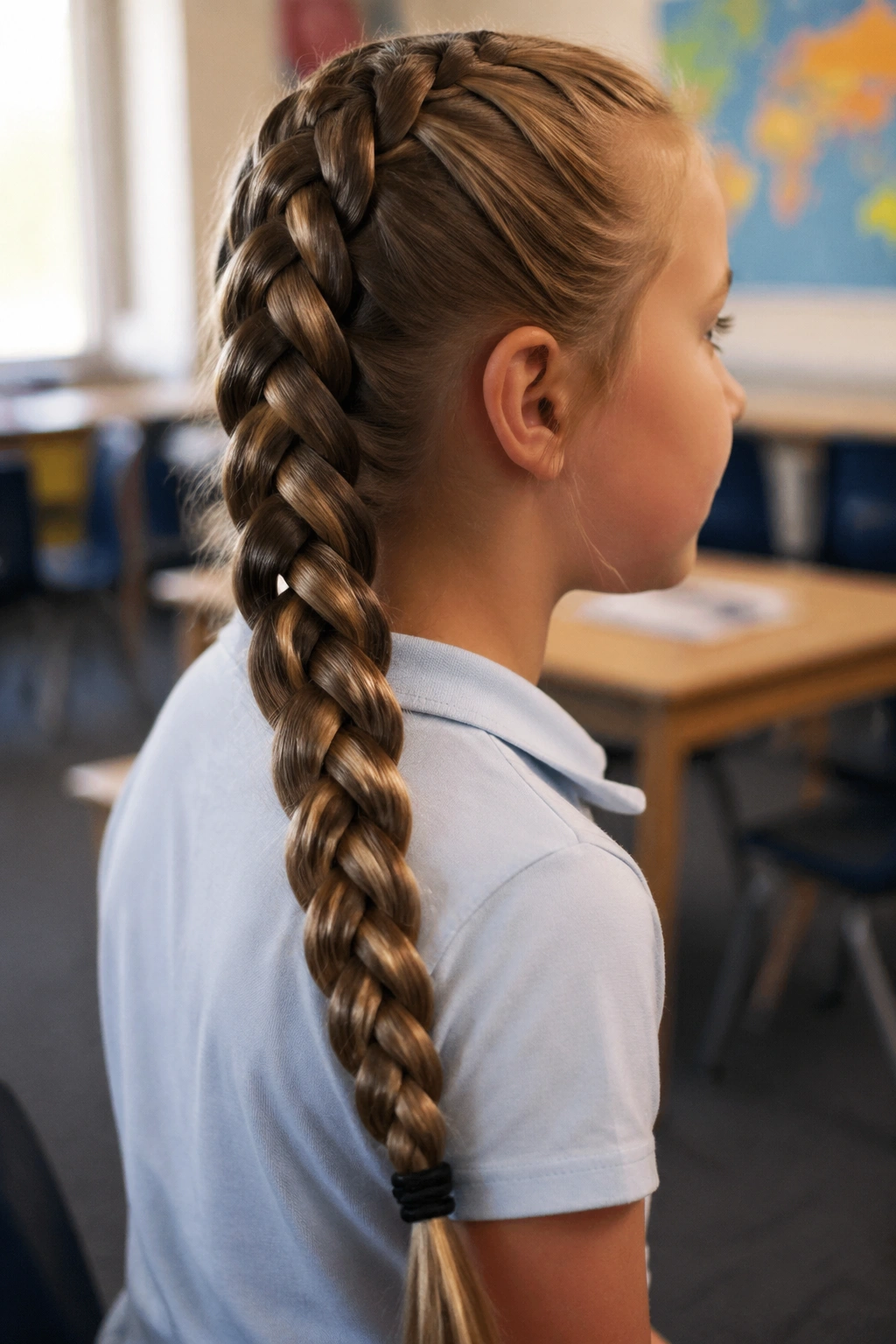 Close-up of a girl with a four-strand braid along the back