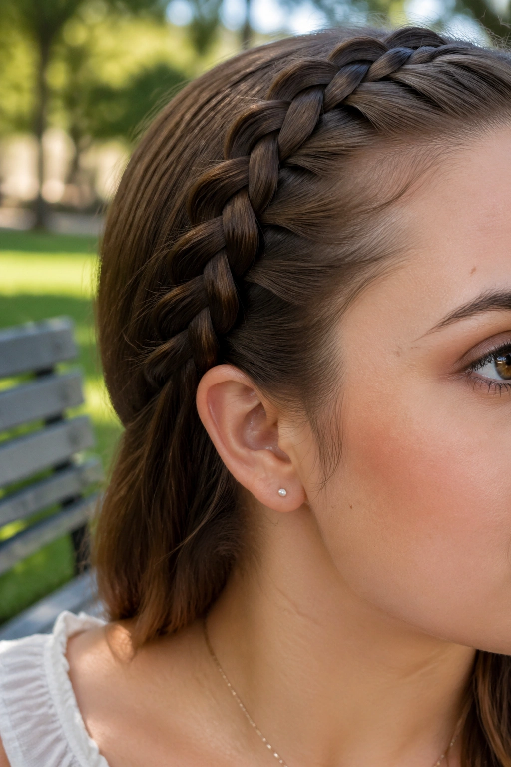 Close-up of a person with a four-strand braid along the head.