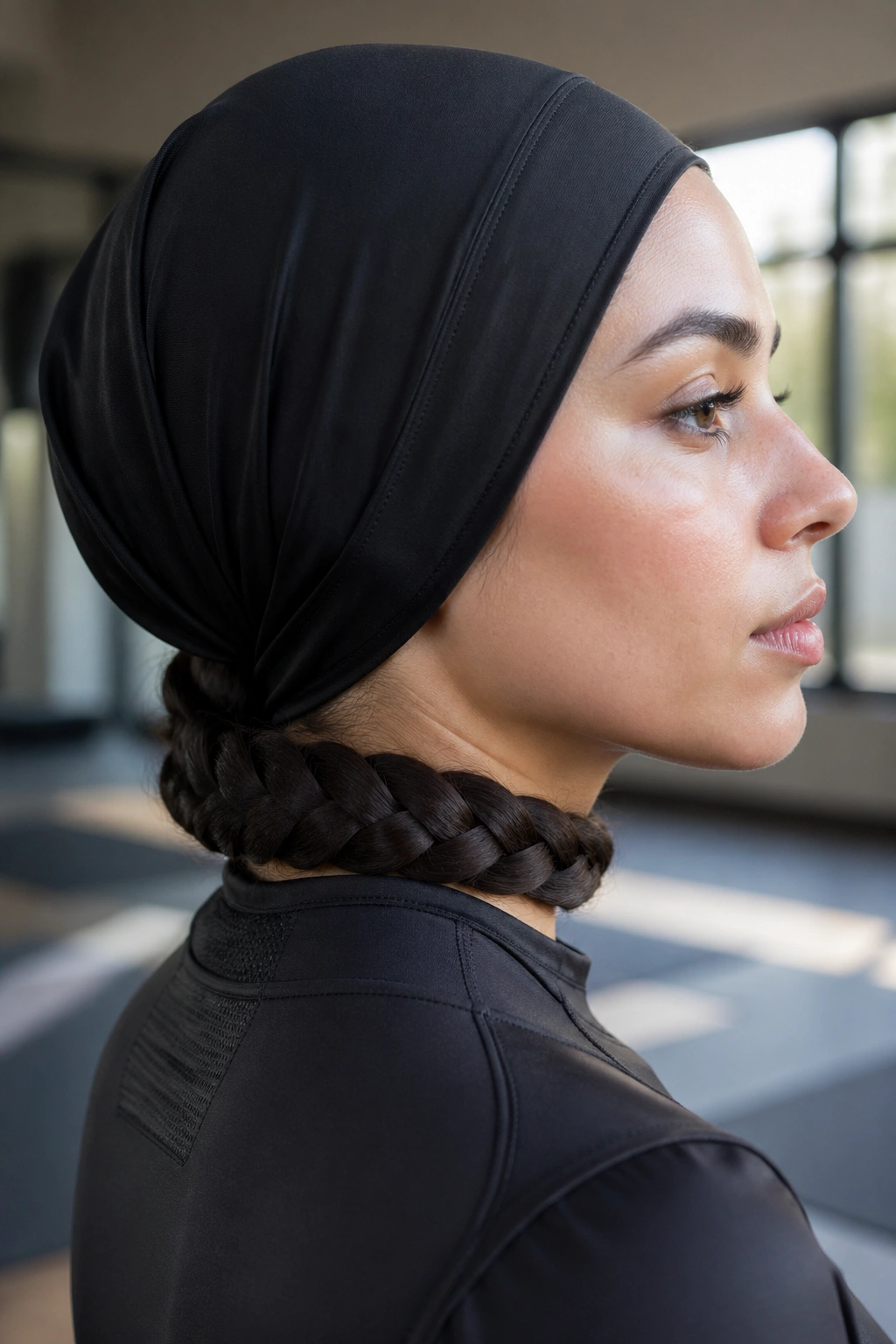 Close-up of four-strand braid at nape under hijab on real woman