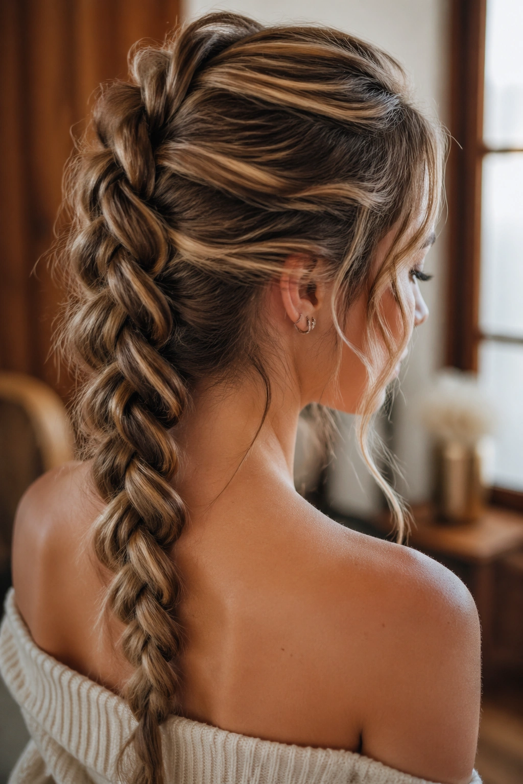 Close-up of a real person with a four-strand braid and pulled loops creating plush texture.