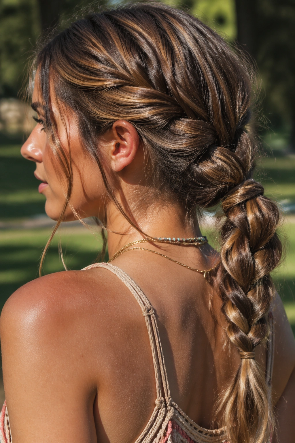 Close-up of a real woman with a Messy Four-Strand Braid Ponytail in outdoor light