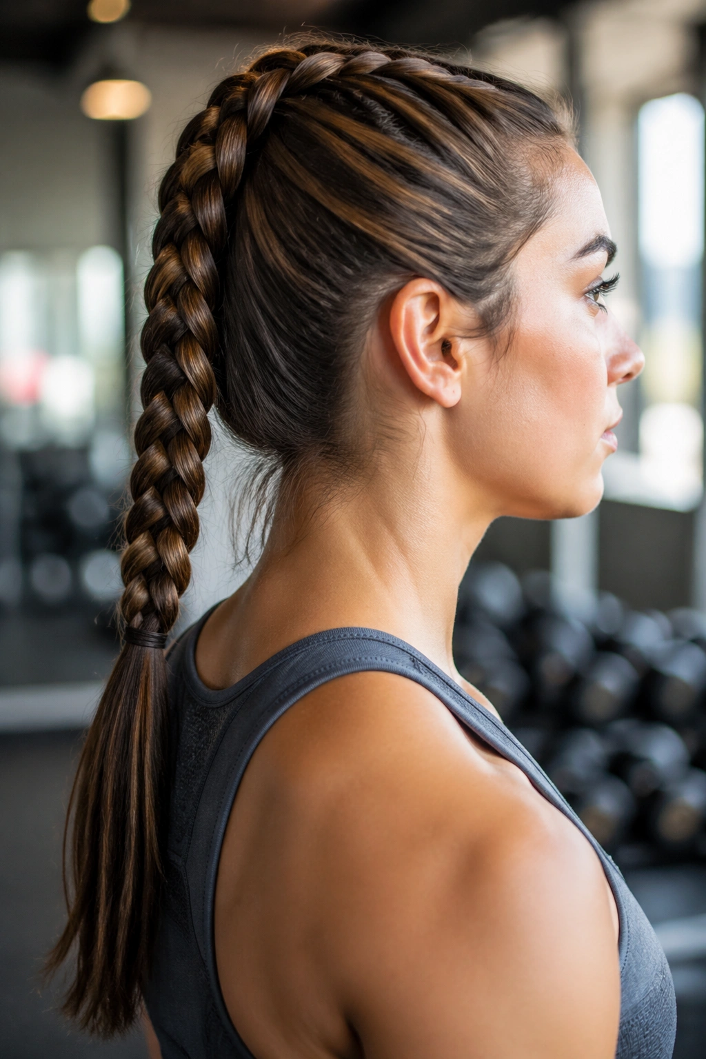 Close-up of four-strand braid ponytail on a real woman during workout