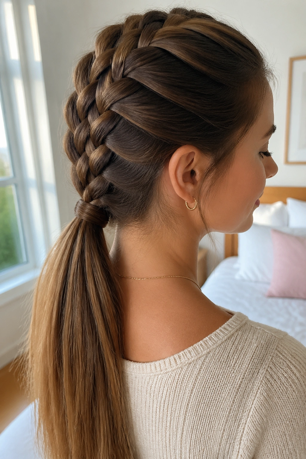 Close-up of a real woman with a four-strand braid ponytail in softly lit bedroom.