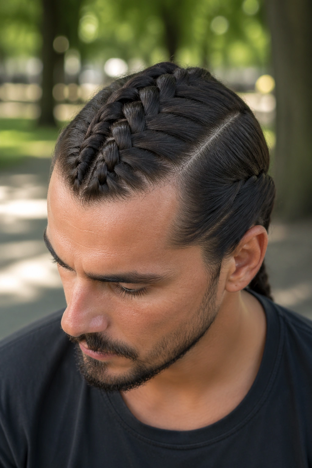 Close-up portrait of a man with a four-strand braid across the back of the head.