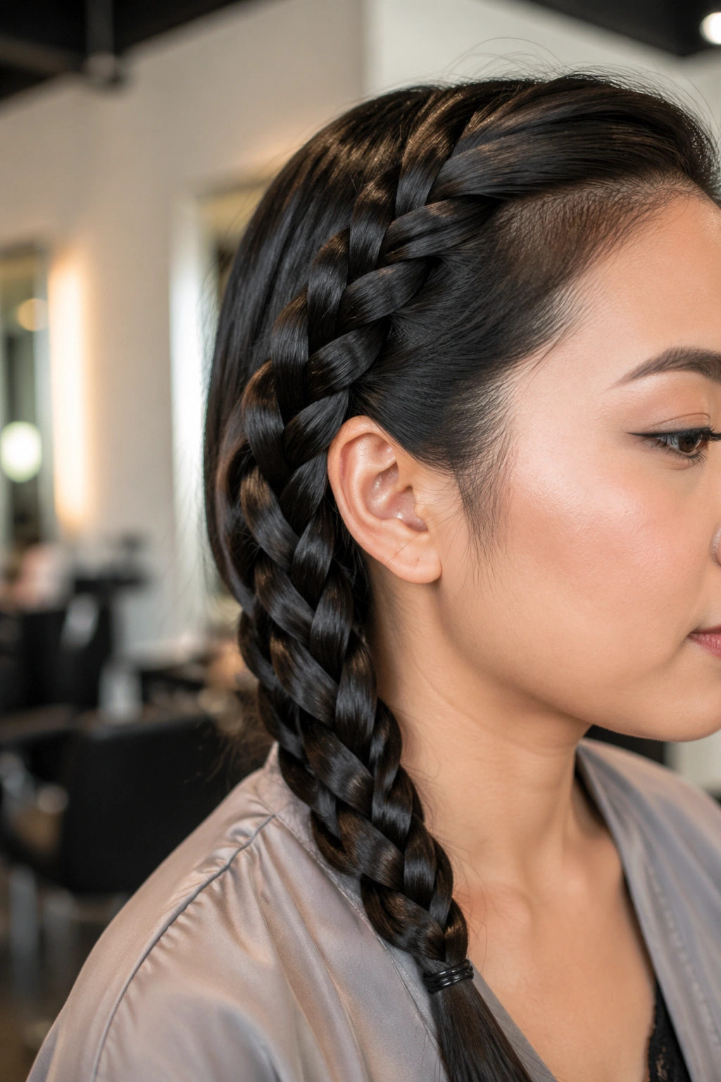 Close-up of a real woman with a Four-Strand Braid along the head, in a softly lit salon