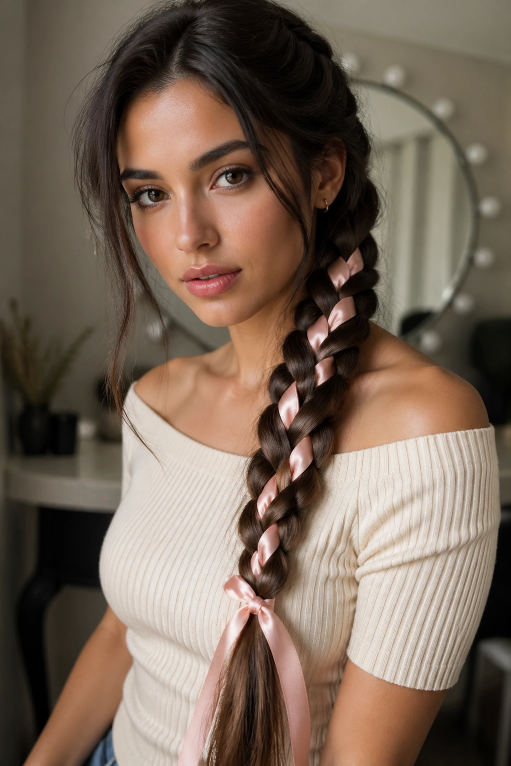 Close-up of a real woman's four-strand braid with a satin ribbon.