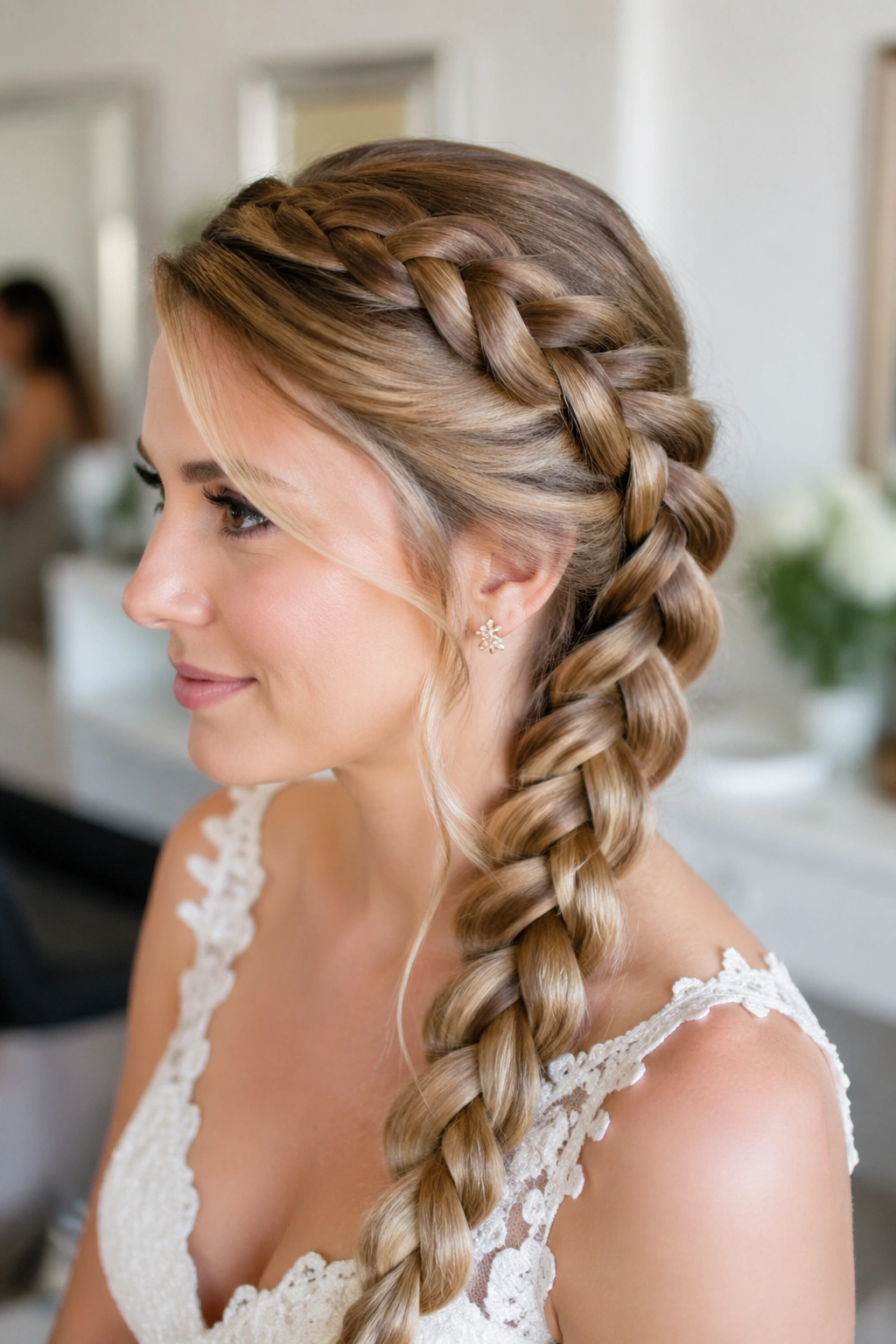 Bride wearing a four-strand braid with smooth sheen