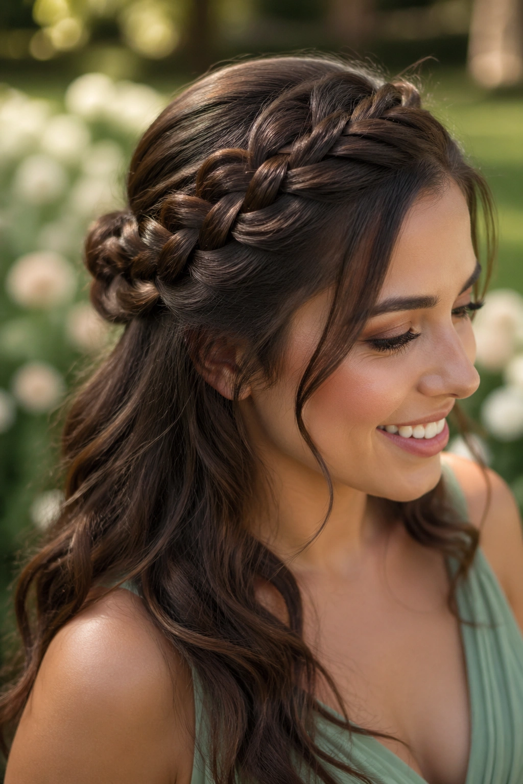 Close-up portrait of a woman with a four-strand braid across the crown in an outdoor garden.