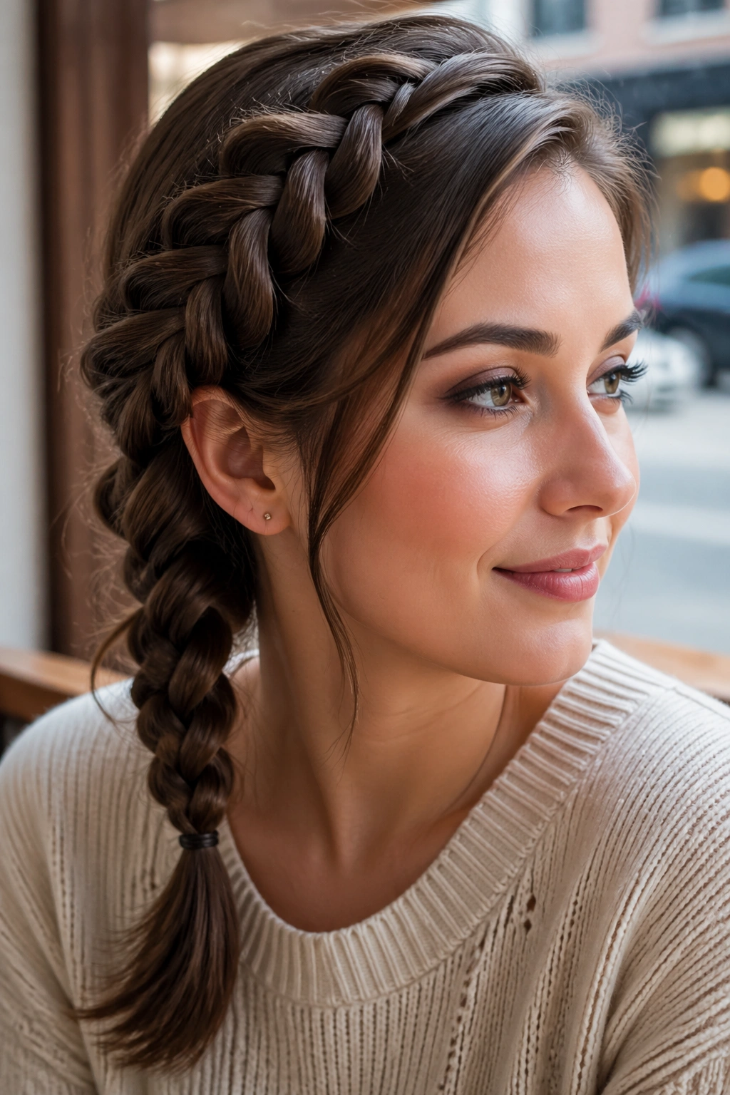 Close-up of a real woman with a four-strand side braid along the temple for extra texture.