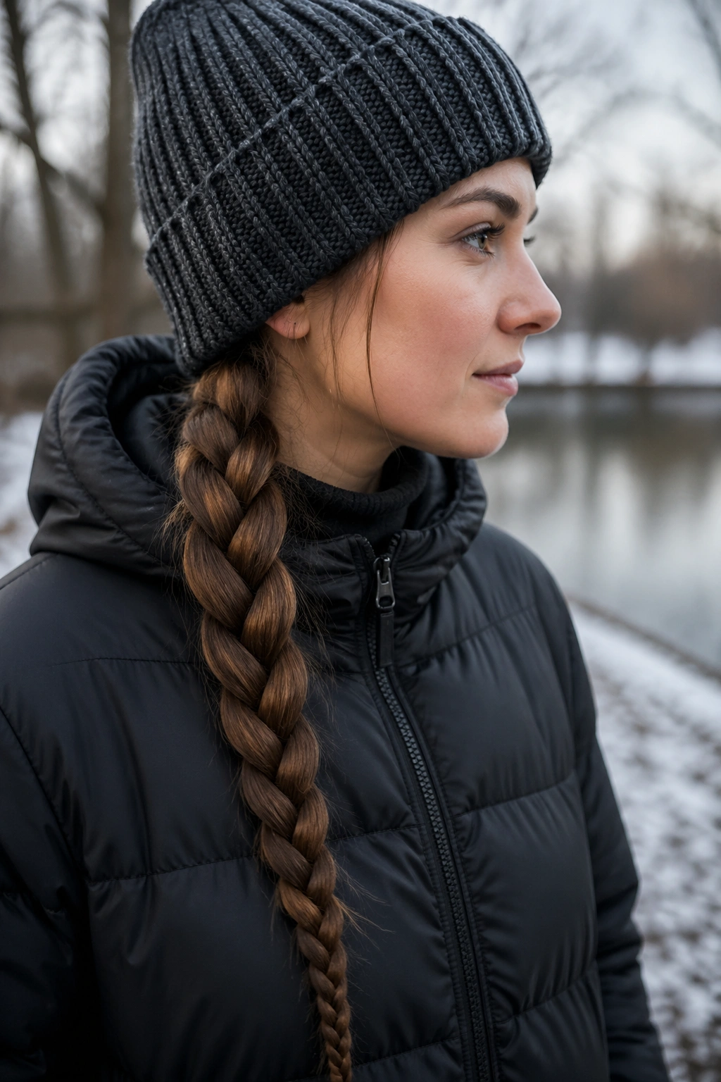 Close-up of a four-strand braid from crown to hang low on a real person.
