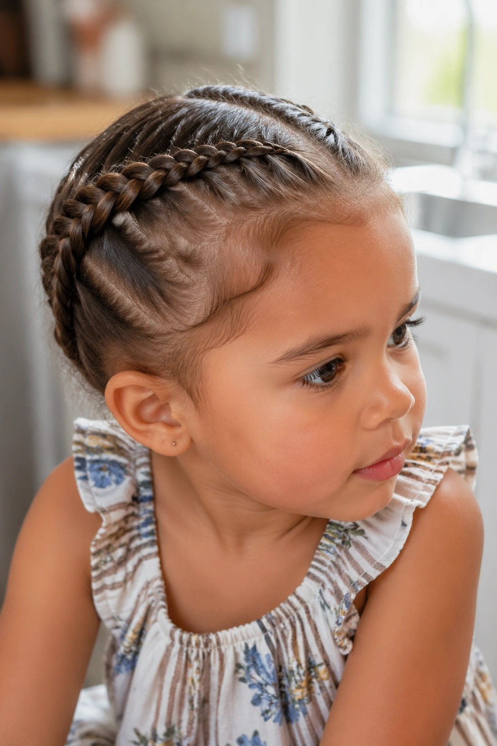 Close-up of a toddler girl with a four-strand braid along the scalp