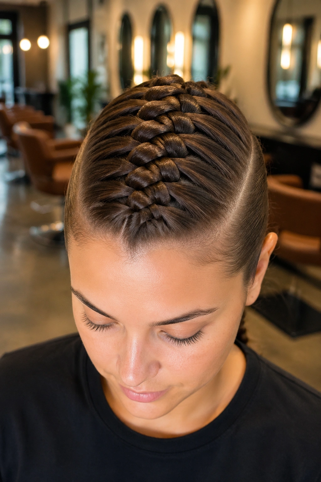 Close-up of a real woman's head showing a center four-strand braid in a salon setting