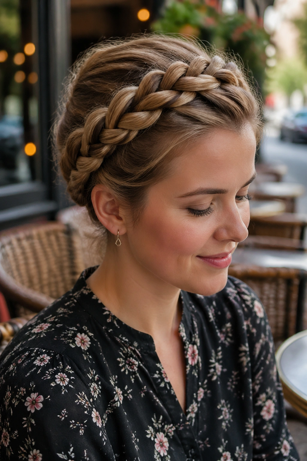 Close-up portrait of a real woman wearing a four-strand crown braid around the head